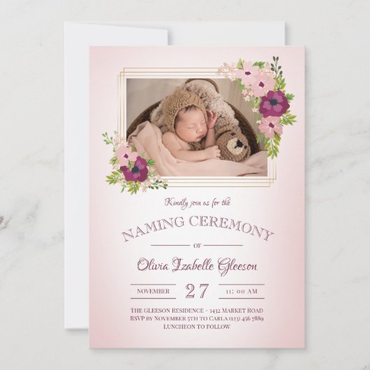 Faux Gold Lijsten Blush Floral Naming Ceremony Kaart (Voorkant)