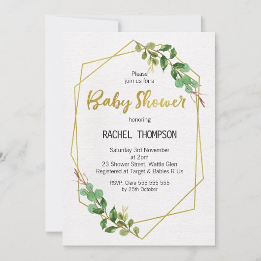 Faux Gold Line Art Greenery Baby shower Invitation Kaart (Voorkant)