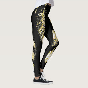 *~* Faux Gold Luxe feathers & Crystals Chic Trendy Leggings