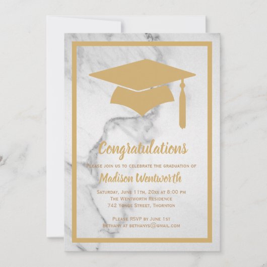 Faux Gold & Marble Afstuderen Invitation Kaart (Voorkant)