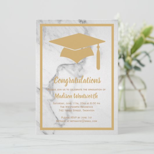 Faux Gold & Marble Afstuderen Invitation Kaart (Staand voorkant)