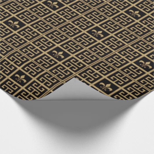 Faux Gold Metal and Black Fleur de Lis Greek Key Cadeaupapier (Hoek)