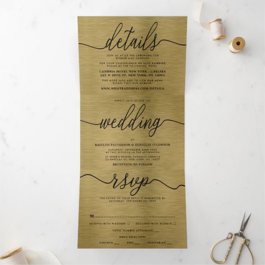 Faux Gold Metal Texture Wedding Suite Drieluik Uitnodiging (Binnen)