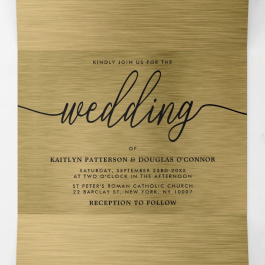 Faux Gold Metal Texture Wedding Suite Drieluik Uitnodiging (Binnenkant midden)