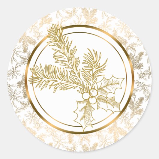Faux Gold Metallic Mistletoe en Holly Ronde Sticker (Voorkant)