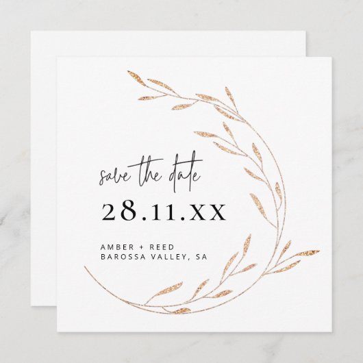 Faux Gold Minimalist Wreatard Square Save the Date (Voorkant / Achterkant)