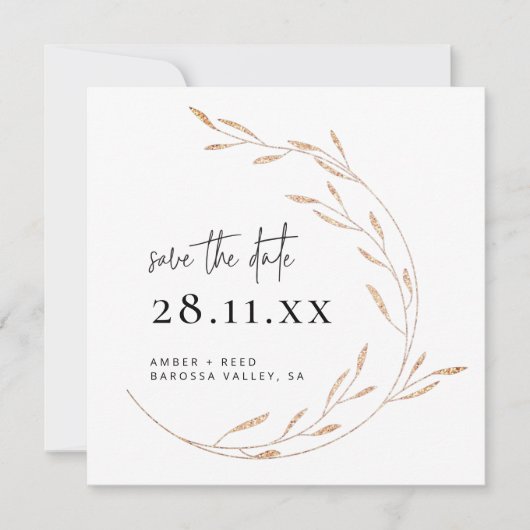 Faux Gold Minimalist Wreatard Square Save the Date (Voorkant)
