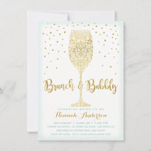Faux Gold & Mint Brunch & Bubbly Vrijgezellenfeest Kaart (Voorkant)