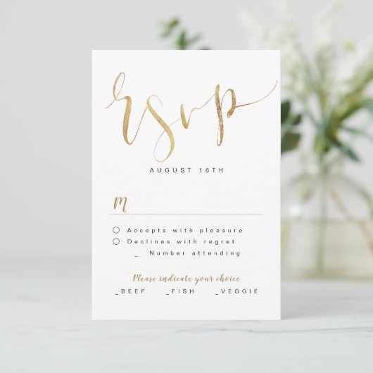 Faux Gold Modern Eenvoudig Script bruiloft RSVP (Staand voorkant)
