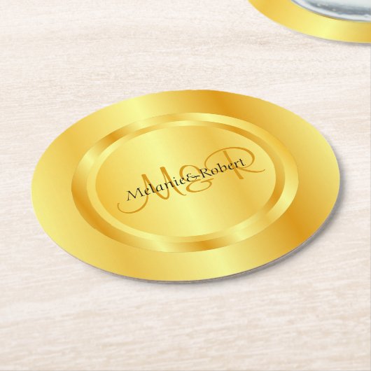 Faux Gold Modern Monogram Elegant Custom Sjabloon Ronde Kartonnen Onderzetter (Gebogen)