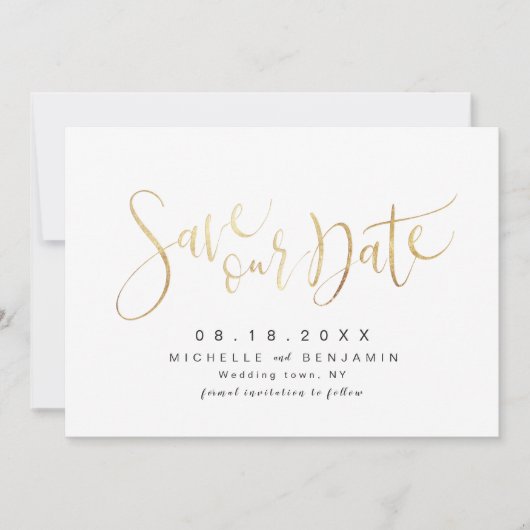 Faux Gold Modern Simple Script Save the Date (Voorkant)