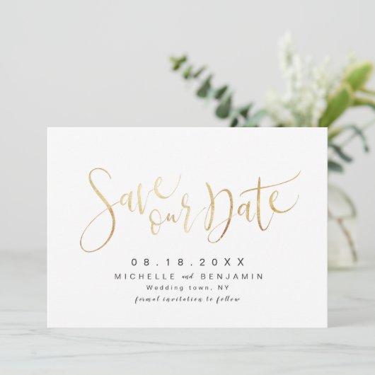 Faux Gold Modern Simple Script Save the Date (Staand voorkant)