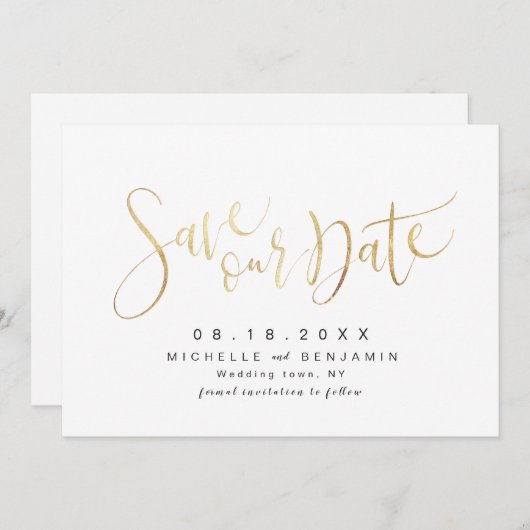 Faux Gold Modern Simple Script Save the Date (Voorkant / Achterkant)