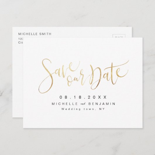 Faux Gold Modern Simple Script Save the Date Aankondigingskaart (Voorkant / Achterkant)