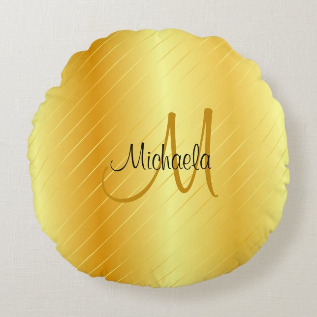 Faux Gold Monogram Elegant Moderne Sjabloon Rond Kussen (Voorkant)