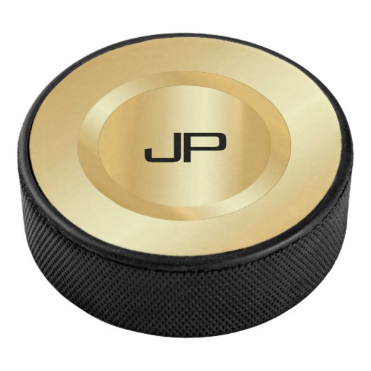Faux Gold Monogramed Custom Elegant Sjabloon Hockey Puck (3/4)