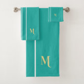 Faux Gold Monogrammed Blauwgroen witte racestrepen Bad Handdoek (Insitu)