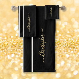 Faux Gold Monogrammed Zwart Wit Racing Stripes Bad Handdoek