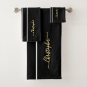 Faux Gold Monogrammed Zwart Wit Racing Stripes Bad Handdoek (Insitu)