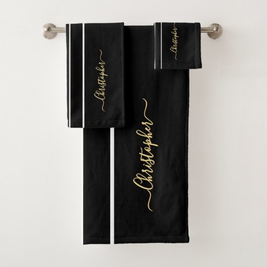Faux Gold Monogrammed Zwart Wit Racing Stripes Bad Handdoek (Insitu)