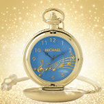 Faux gold muzieknoten oceaanblauw zakhorloge<br><div class="desc">Eenvoudig en elegant voor een muzikant of muzikant! Ocean,  zee blue background met faux gouden muzieknoten. Sjabloon voor jouw naam,  gouden letters. Gulden kloknummers.</div>