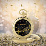 Faux gold muzieknoten zwarte cijfers zakhorloge<br><div class="desc">Eenvoudig en elegant voor een muzikant of muzikant! Zwarte achtergrond met faux gouden muzieknoten. Sjabloon voor jouw naam,  gouden letters. Gulden kloknummers.</div>