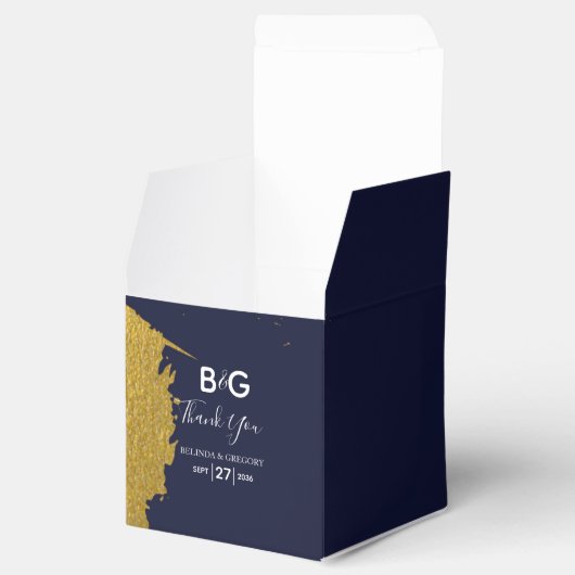 Faux Gold Navy Blue Monogram Weddenschap Bedankdoosjes (Geopend)