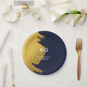Faux Gold Navy Blue Monogram Weddenschap Papieren Bordje