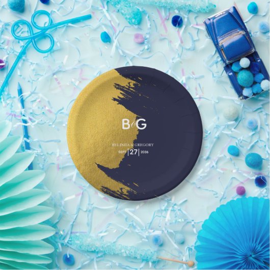 Faux Gold Navy Blue Monogram Weddenschap Papieren Bordje (Feest)