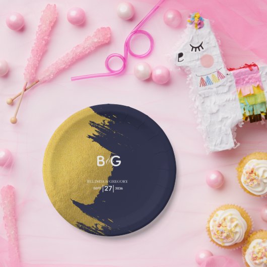 Faux Gold Navy Blue Monogram Weddenschap Papieren Bordje (Feest)