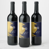 Faux Gold Navy Blue Monogram Weddenschap Wijn Etiket (Flessen)