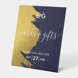 Faux Gold Navy Blue Monogram Weddenschappen Reclamebord Met Voetstuk