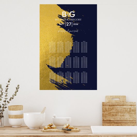 Faux Gold Navy Blue Monogram Wedding Seating Chart Poster (Keuken)