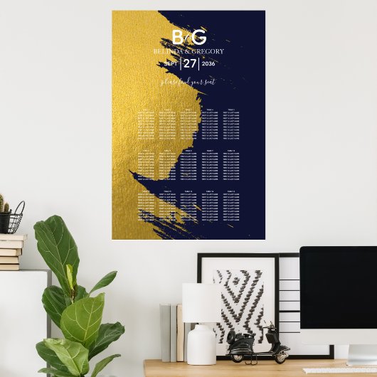Faux Gold Navy Blue Monogram Wedding Seating Chart Poster (Thuiskantoor)