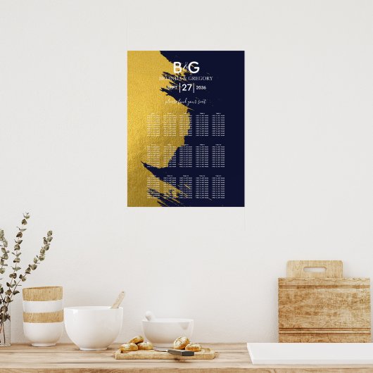 Faux Gold Navy Blue Monogram Wedding Seating Chart Poster (Keuken)