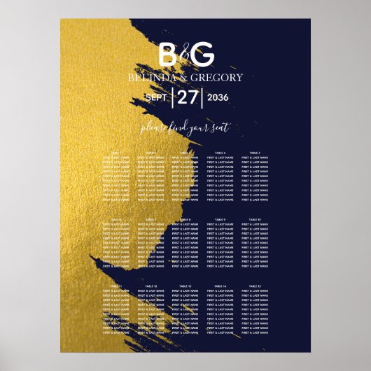 Faux Gold Navy Blue Monogram Wedding Seating Chart Poster (Voorkant)
