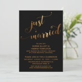 Faux Gold on Black Just Married Post-Wedding Event Kaart (Staand voorkant)