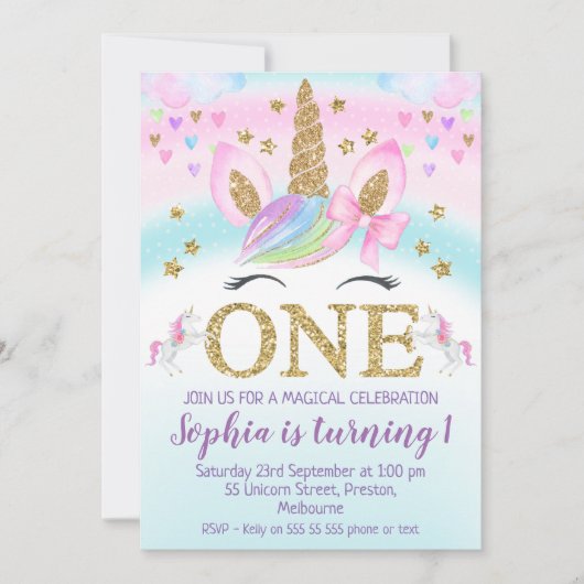 Faux Gold One Unicorn Rainbow 1st Birthday Kaart (Voorkant)