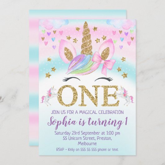 Faux Gold One Unicorn Rainbow 1st Birthday Kaart (Voorkant / Achterkant)