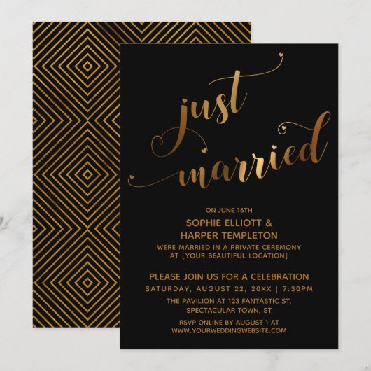 Faux Gold op Black Just Married Post-Wedding Event Kaart (Voorkant / Achterkant)
