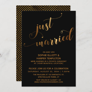 Faux Gold op Black Just Married Post-Wedding Event Kaart