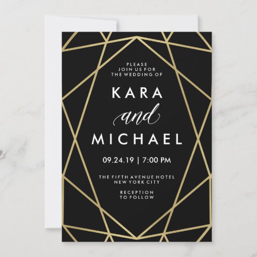 Faux Gold op de zwarte moderne geometrische bruilo Kaart (Voorkant)