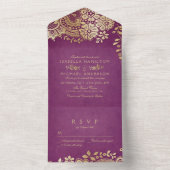 Faux Gold paarse elegant  lace bruiloft All In One Uitnodiging (Binnen)