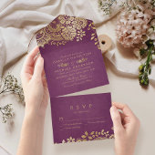 Faux Gold paarse elegant  lace bruiloft All In One Uitnodiging