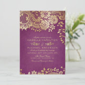 Faux Gold paarse elegant  lace bruiloft Kaart (Staand voorkant)
