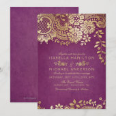 Faux Gold paarse elegant  lace bruiloft Kaart (Voorkant / Achterkant)