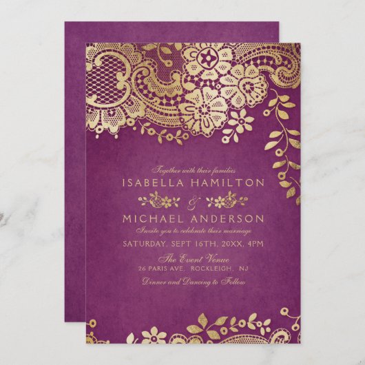 Faux Gold paarse elegant lace bruiloft Kaart (Voorkant / Achterkant)