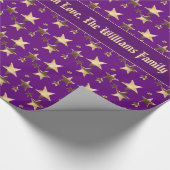 Faux Gold Paarse kerststaren Patroon Voeg tekst to Cadeaupapier (Hoek)