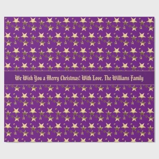 Faux Gold Paarse kerststaren Patroon Voeg tekst to Cadeaupapier (Vlak)