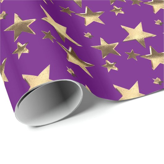 Faux Gold Paarse kerststaren Patroon Voeg tekst to Cadeaupapier (Rol Hoek)